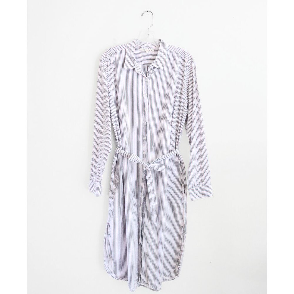 Xirena White Red Blue Stripe Long Sleeve Button Down Midi Shirt Dress sz Medium